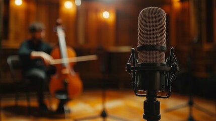 Wall Mural - Close-up view of an XLR microphone with a musician tuning a violin in studio. Generative AI