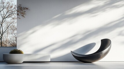Aufkleber - Modern architectural design showcasing minimalist outdoor seating in a serene setting. Generative AI