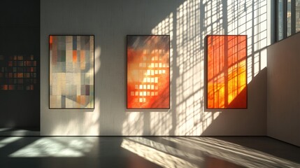 Aufkleber - Art gallery showcasing vibrant abstract paintings with sunlight casting interesting shadows. Generative AI