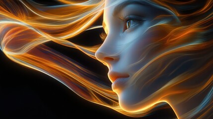 Poster - Ethereal woman with flowing hair illuminated by warm colors on a dark background. Generative AI