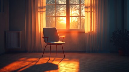 Aufkleber - Sunlight streams into a cozy room with an empty chair and soft curtains during early morning hours. Generative AI
