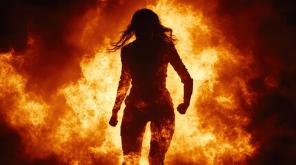 Poster - Woman standing heroically in front of a blazing fire during an action-packed moment at sunset. Generative AI