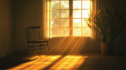 Aufkleber - Warm sunlight streams into a cozy room with a chair and a plant near the window during golden hour. Generative AI