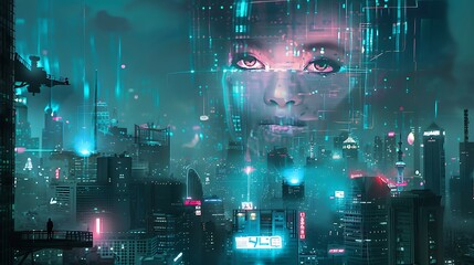 Poster - A futuristic city skyline dominated by a colossal artificial intelligence headquarters, with a giant holographic face projected above it.