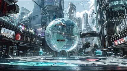 Poster - A futuristic city square with a large, holographic globe in the center, surrounded by transparent screens displaying real-time data and news.