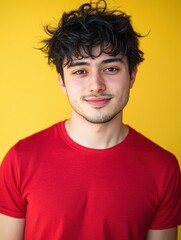 Poster - Young man poses confidently in front of a vibrant yellow backdrop with casual attire and a warm smile