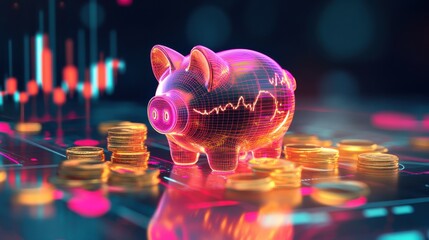 Poster - Vibrant piggy bank glowing amidst digital coins and financial graphs in a modern financial setting