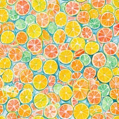 Poster - Colorful citrus fruit doodles create a lively background in a whimsical and creative watercolor style