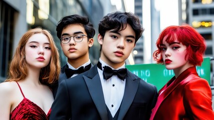 Urban Elegance: A stylish quartet exudes confidence in their formal attire, standing against a backdrop of towering skyscrapers.