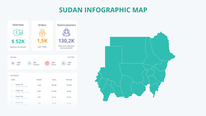  Business Growth Infographic Map of Sudan. Orders, Customers, Sales Overview & product Infographic Map of Sudan. Easy to edit