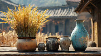 Poster - A collection of rustic pots and vases on a table, adorned with golden wheat, set against a blurred traditional village background