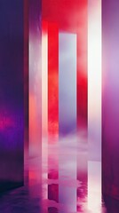 Poster - Surreal landscape of gradient-hued pillars in a dreamlike setting with reflective surfaces and misty atmosphere at dusk