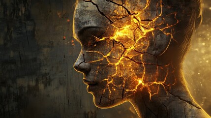 Poster - Surreal representation of a glowing woman with cracked skin in a mystical atmosphere