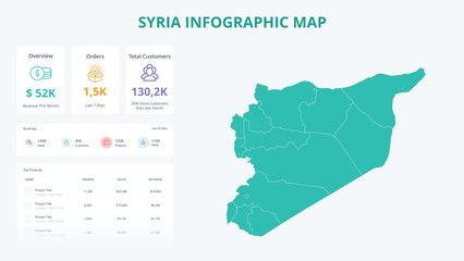  Business Growth Infographic Map of Syria. Orders, Customers, Sales Overview & product Infographic Map of Syria. Easy to edit