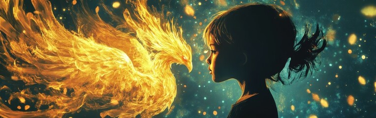 Aufkleber - Surreal portrait of a glowing child interacting with a magnificent fiery phoenix in a dreamlike atmosphere
