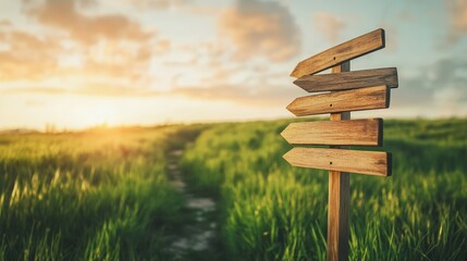 Aufkleber - Wooden signpost with multiple arrows pointing in different directions in a green field at sunset, symbolizing choices, opportunities, and decision making