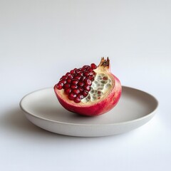 Poster - Ripe pomegranate half with vibrant red seeds resting on a simple plate, perfect for healthy snacks