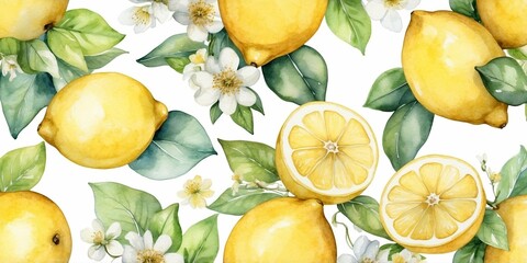 Poster - Fresh lemons with leaves and flowers creating a vibrant and refreshing pattern for stylish designs