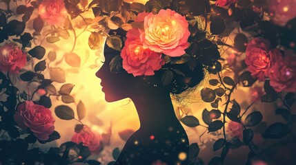 Aufkleber - Portrait of a woman with blooming roses in a tranquil garden setting during golden hour