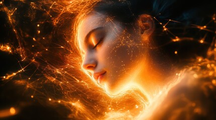 Aufkleber - Serenity and light intertwine in a woman's face merging with glowing particles