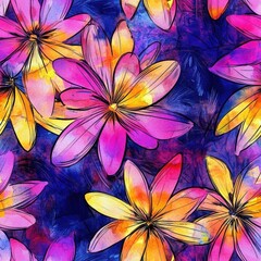 Poster - Vibrant watercolor doodle flowers create a whimsical pattern in multicolored hues perfect for art projects and design inspiration