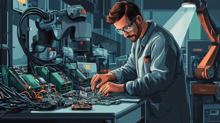 Poster - Professional worker repairing circuit boards in a high-tech laboratory during daylight hours
