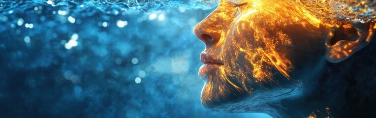 Aufkleber - Mystical visualization of a swimmer’s face amidst flowing water and light reflections in an underwater environment