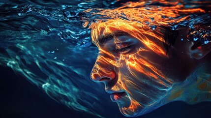 Aufkleber - Mystical visualization of a swimmer’s face illuminated by light patterns while submerged in water