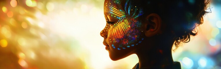 Aufkleber - Mystical child with glowing face paint surrounded by colorful lights and enchanting atmosphere