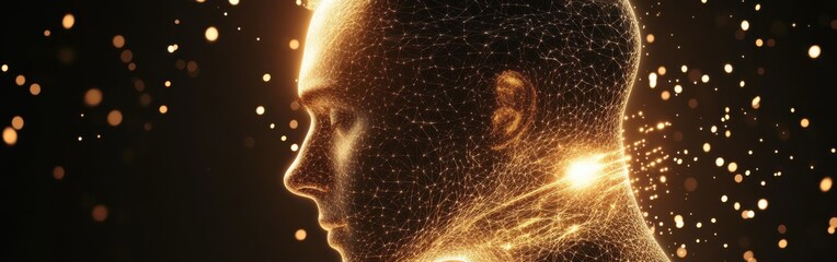 Poster - Mystical portrayal of a man's profile illuminated by glowing particles in a dark atmosphere
