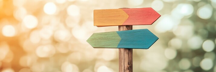 Poster - Two colorful wooden arrows pointing in opposite directions symbolize choices, decisions, and the concept of choosing the right path in life, career, or any decision making process