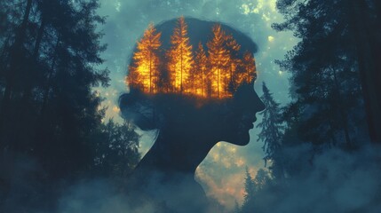 Poster - mystical profile of a man surrounded by a vibrant forest landscape at dusk
