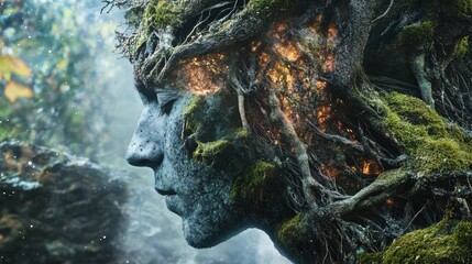 Aufkleber - Mystical profile of a man intertwined with nature's elements in an enchanted forest setting