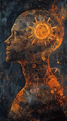 Leinwandbilder - mystical profile of a man filled with intricate symbols and glowing orbs against a dark background