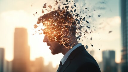 Poster - Man's head disintegrates into fragments, symbolizing mental overload, stress, and burnout. The visual metaphor captures the intense pressure of modern life and information saturation