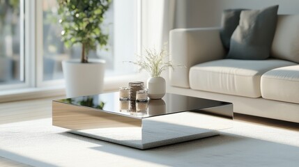 Aufkleber - Modern living room featuring a stylish mirrored coffee table with decorative elements in natural light