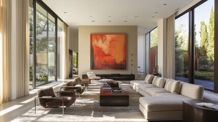 Aufkleber - Modern living room featuring large abstract artwork with expansive windows and contemporary furnishings