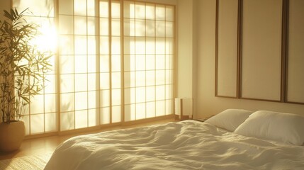 Poster - Minimalist bedroom design featuring a futon and shoji screen illuminated by soft morning sunlight