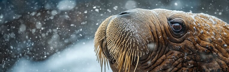 Poster - Close-up view capturing the details of a walrus face with snowflakes in a cold environment