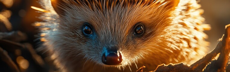 Poster - Close-up view of a hedgehog's face reveals intricate fur and curious eyes in natural setting during golden hour