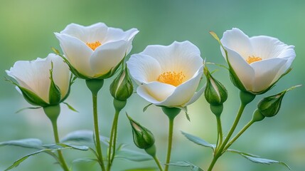 Canvas Print - Group of Elegant White Rose Blossoms in Bloom Orange Pistils, Green Buds, Soft Focus