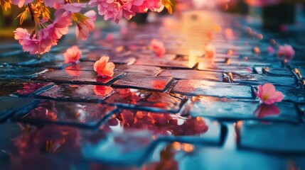 Aufkleber - Wet cobblestones glisten under soft light, surrounded by fallen cherry blossoms in a tranquil evening setting