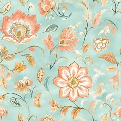 Aufkleber - Watercolor doodle artwork featuring whimsical floral designs in soft pastel colors on a calming blue background