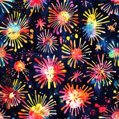 Fototapete - Colorful watercolor doodle art with dynamic burst patterns on a dark background