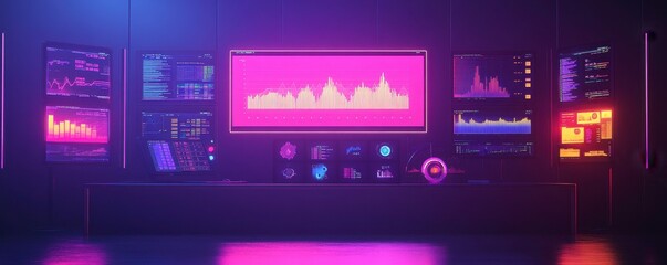 Poster - A futuristic digital interface displaying vibrant graphs and data analytics, illuminated by neon lights in a tech-inspired setting.