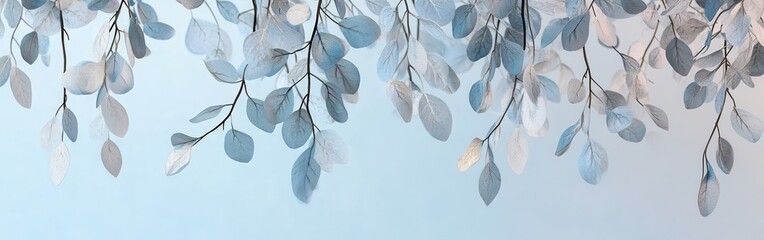 Aufkleber - Delicate composition of hanging branches featuring soft leaf shapes against a tranquil blue backdrop