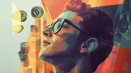 Aufkleber - Young investors immersed in the world of cryptocurrency with futuristic elements and vivid colors