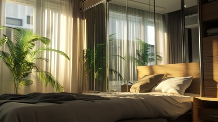 Poster - Contemporary bedroom design featuring mirrored walls and natural light in a serene setting
