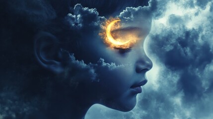 Leinwandbilder - Child's face conceptual visualization embracing dreams and imagination amid a cloudy sky at dusk