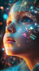 Poster - Exploring a child's face illuminated by digital projections in a futuristic concept